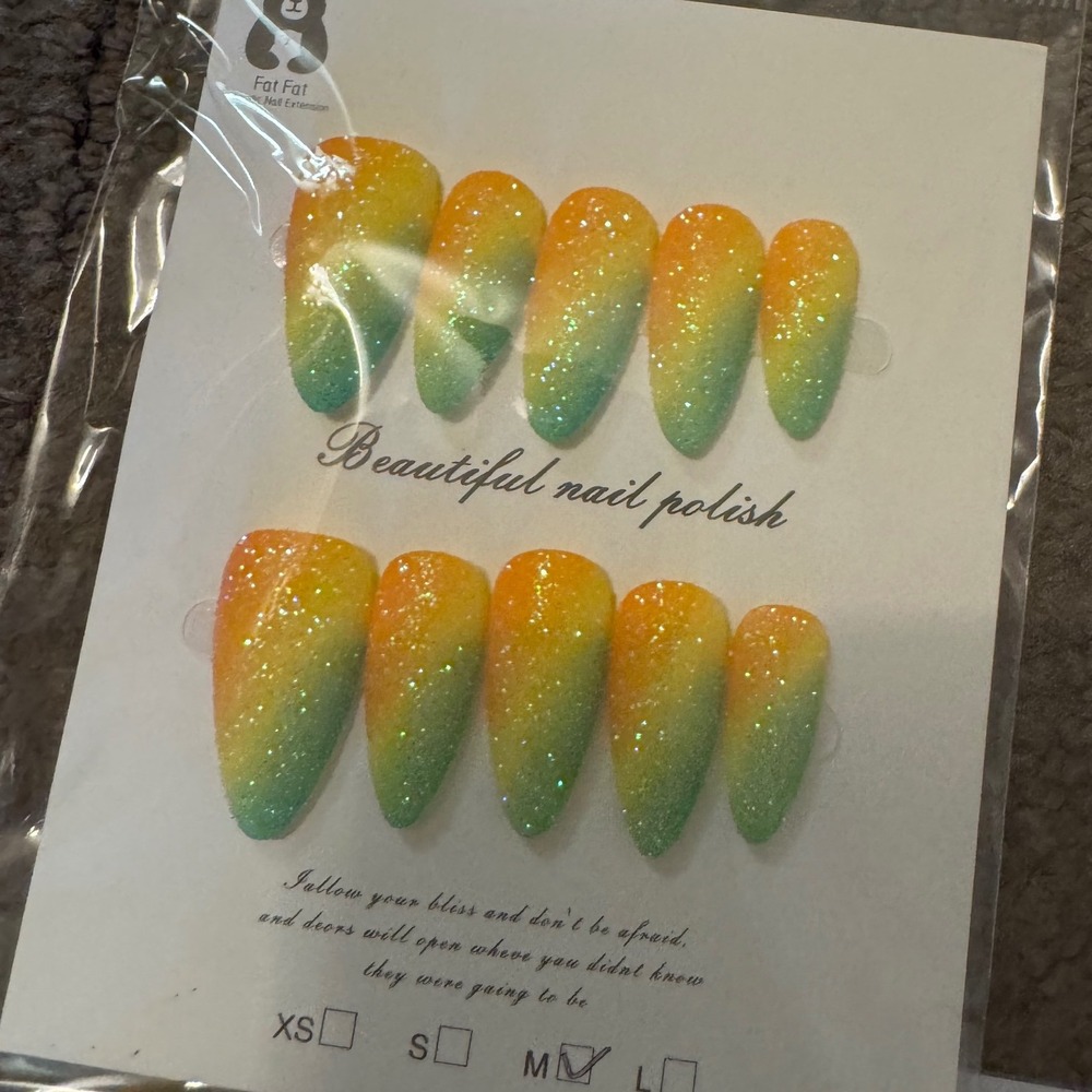 Yellow Green Ombre Press On Nails Almond Fake Nail‎ Tips